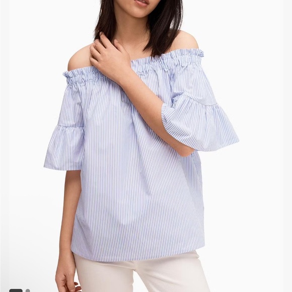 kate spade Tops - Kate Spade White Blue Striped Off the Shoulder Flutter Sleeve Blouse XS EUC